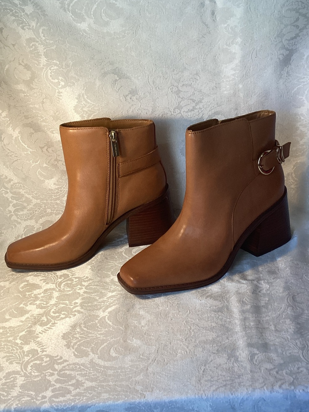 Vince Camuto Cognac Leather Ankle Booties with Block Heel